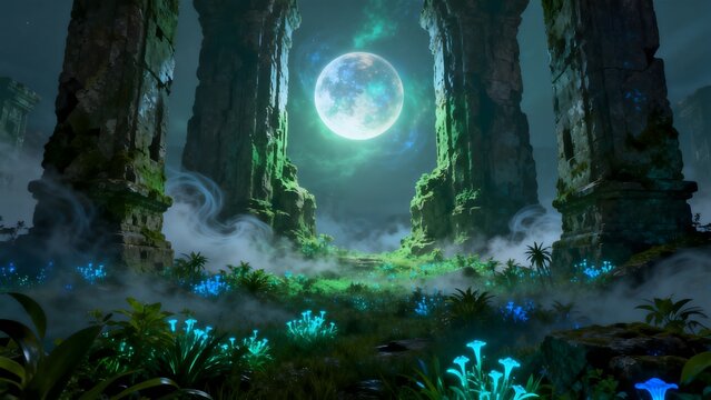 Mystical ruins with glowing flora and moon