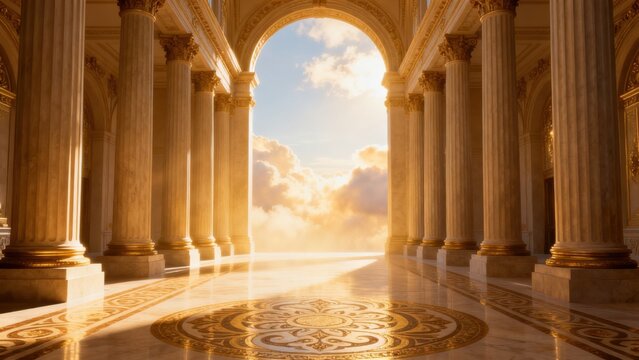 Ornate hall with columns and patterned floor