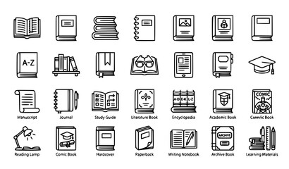 Fototapeta premium Minimalist Books and Library Outline Icon Set Vector Illustration for Education and Publishing