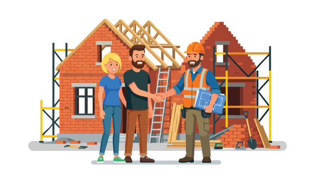 Professional Contractor and Happy Couple Shaking Hands in Front of New House Under Construction Illustration