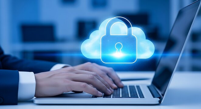 Specialist using laptop with holographic cloud and padlock for data security