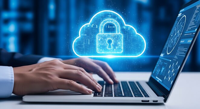 Specialist using laptop with holographic cloud and padlock for data security