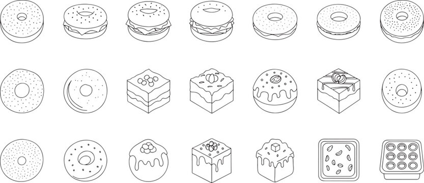 Collection of black and white line of bagels donuts and cakes pastry dessert