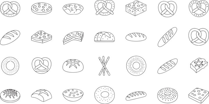 Collection of black and white line of various baked goods and bread pretzel bagel pastry