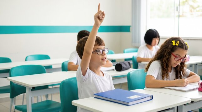 Engaged elementary school students in a bright classroom one boy raises hand enthusiastically others focus on lessons promoting active learning