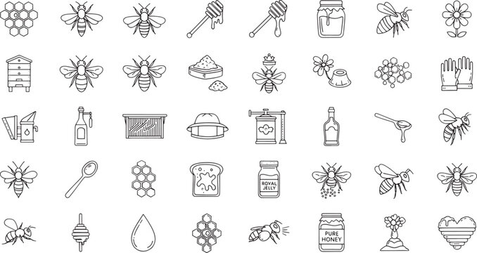 Collection of line representing beekeeping and honey production honeycomb beekeeper hive