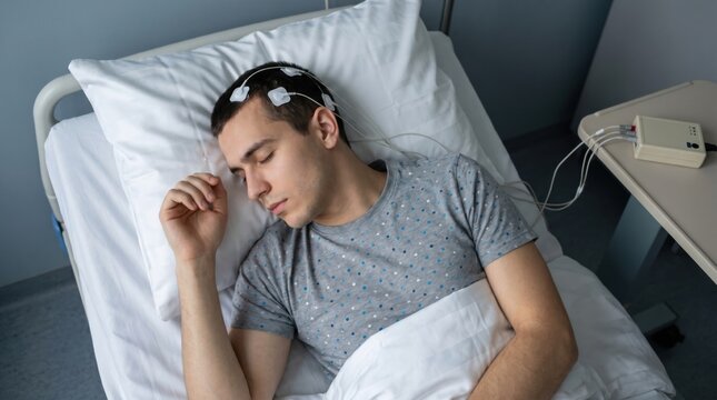 Young man sleeping peacefully in hospital bed with medical electrodes attached to his head monitored by medical device on bedside table calm