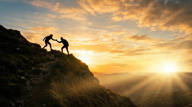 Two people helping each other climb a mountain at sunrise