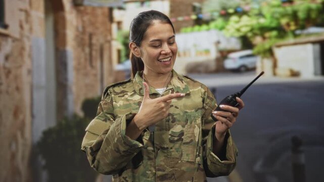 Woman soldier in camouflage uniform smiling, holding a walkie radio and pointing finger while standing on a street beside stone buildings and a parked car; pride duty.