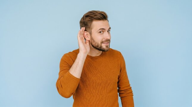 Man listening intently with hand on ear looking curious