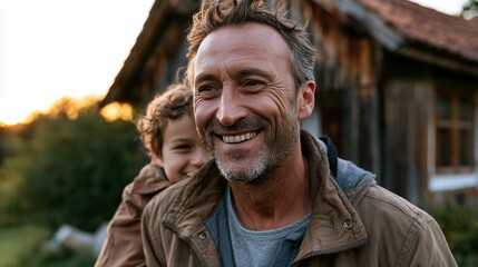 Obraz premium Father and son share a joyful moment outdoors near a rustic wooden cabin