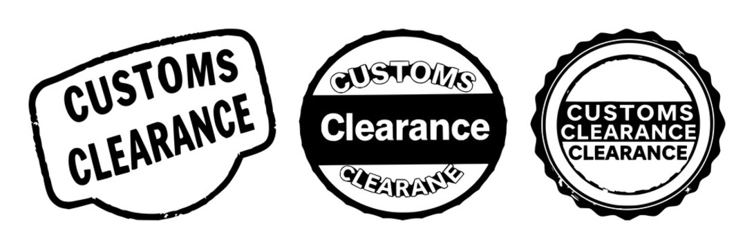 Customs clearance stamp set with solid black icon design featuring approved, confirmed, certified with seal and document