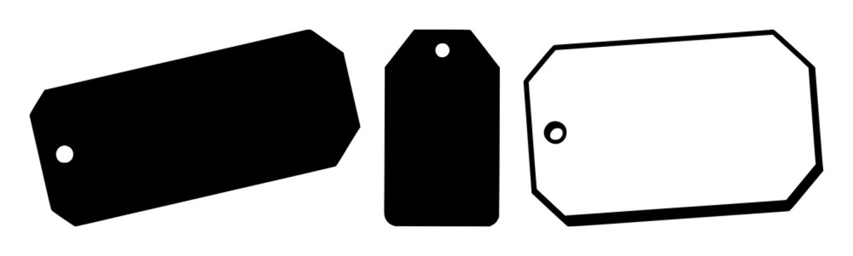 Out of stock icon set with solid black color featuring a tag, label, banner with an exclamation point and white background