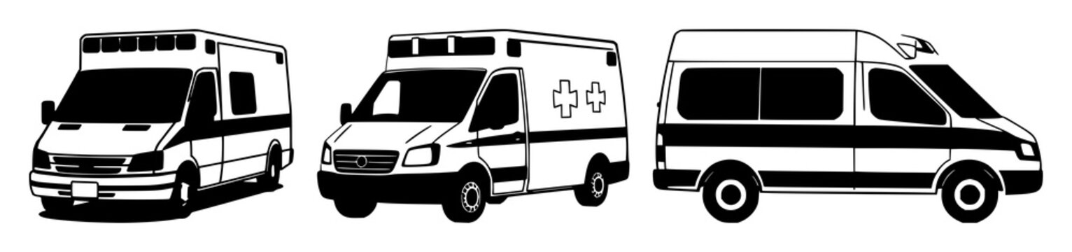 Emergency ambulance set with solid black color and simple icon design featuring medical vehicle, rescue transportation, emergency service with healthcare and accident assistance