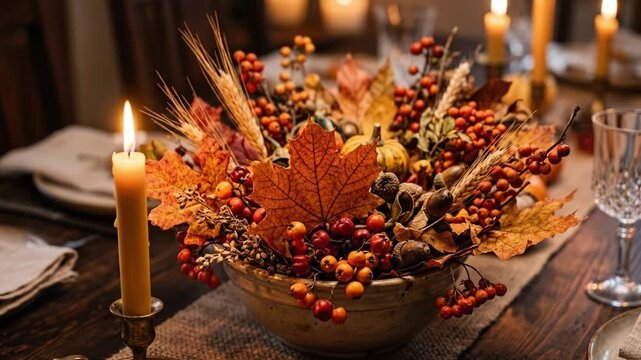 A rustic bowl overflows with autumn leaves, berries, and acorns beside a lit taper candle on a wooden dining table. It conveys festive gratitude, harvest abundance, and warmth.