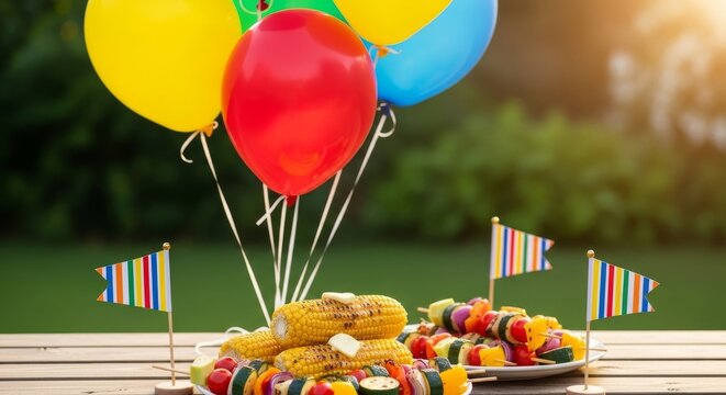 Festive outdoor table set for a summer barbecue featuring grilled corn, vegetable skewers, colorful balloons, and small striped flags, corn, barbecue, garden