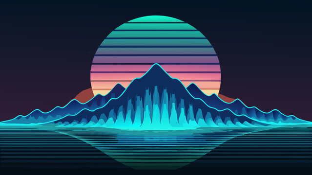 Neon synthwave mountain range silhouette against glowing sunset horizon with synthwave retrowave mountain reflection landscape cyberpunk vaporwave silhouette abstract eighties nostalgia