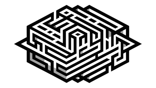 Complex isometric maze geometry intricate black and white graphic with labyrinth isometric geometric abstract structure minimalist challenge solution illustration perspective conceptual