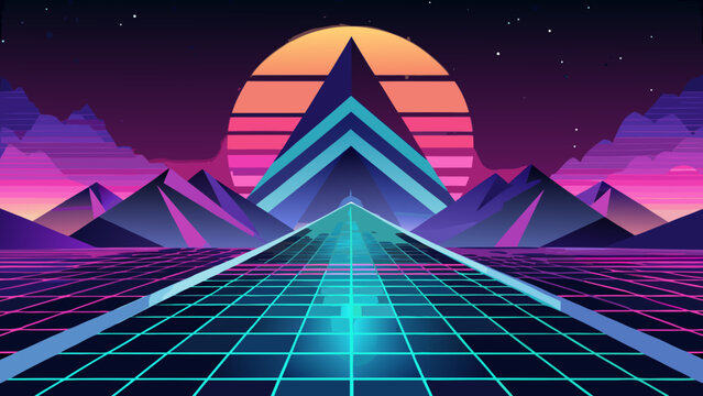 Retro synthwave landscape with glowing digital grid and mountain pyramid synthwave retrowave vaporwave landscape cyberpunk mountain nostalgia geometric abstract perspective background