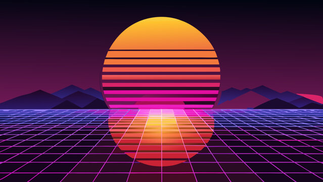 Retro 80s synthwave style sunset scene with mountain silhouette and neon grid horizon synthwave mountains landscape futuristic cyberpunk abstract background electronic aesthetic computer