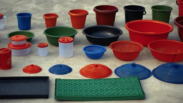 View of various colorful plastic household items including buckets, bowls, and containers arranged on a concrete floor Bogura, Rajshahi Division, Bangladesh.