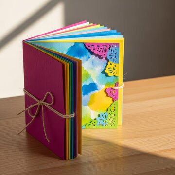 A colorful handmade booklet crafted with paper and string is presented in a sunlit interior, showcasing a creative gift for a special day, markers, sharing, booklet