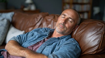 Obraz premium Middle-aged man peacefully sleeping on a comfortable brown leather sofa at home