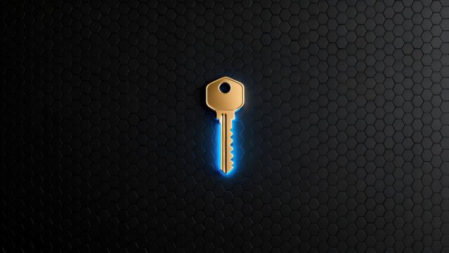 Golden key with blue glow on hexagonal background