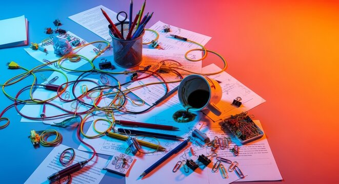 A messy tabletop cluttered with scattered papers, tangled cords, pens, and unorganized office supplies creates a sense of chaotic disarray, papers, office, disorganized