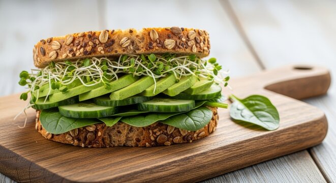 Fresh multigrain sandwich layered with crisp green sprouts, sliced avocado, organic spinach leaves, and cucumber on a rustic wooden board, fresh, cucumber, vegetable