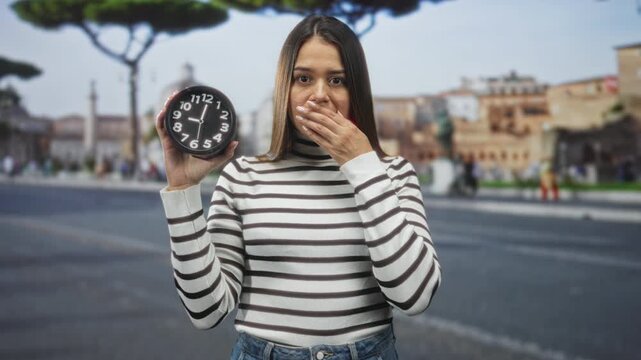 Woman holding round analog clock with hand covering mouth on street plaza in front of historic buildings; time pressure surprise.