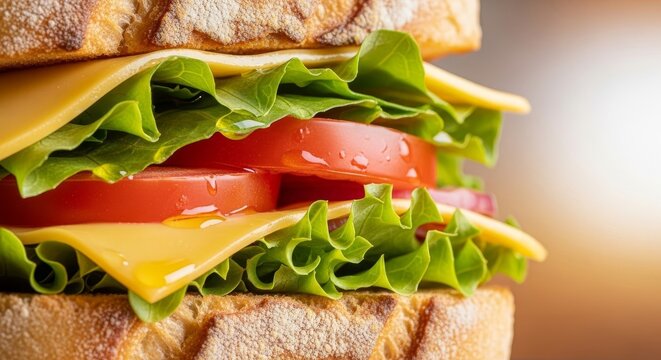 Vibrant close-up of a layered sandwich featuring shiny tomatoes, crisp lettuce, melted cheese, and glossy oil on toasted crusty bread, artisan, vertical, composition