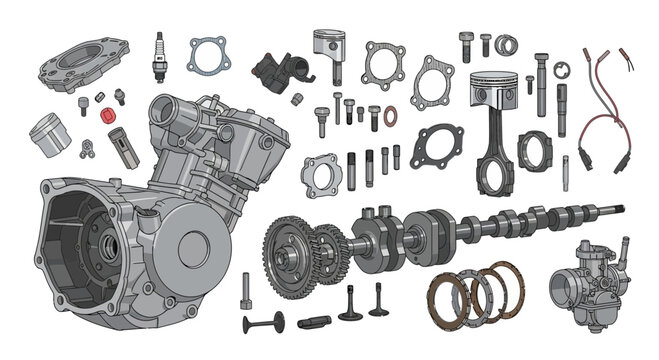 Motorcycle Engine Parts Exploded View Isolated White Background