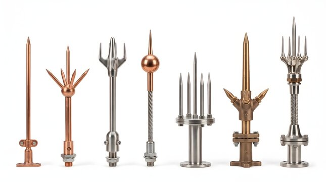 Collection of Traditional Lightning Rods and Conductors in Minimalist Display Against White Background