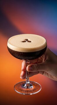 A close-up shot of a hand lifting a chilled espresso martini in a coupe glass, topped with creamy foam and three roasted coffee beans, nightlife, foam, restaurant