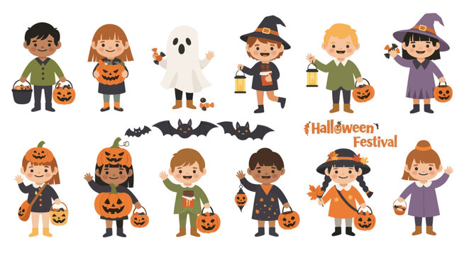 Cute Halloween Kids in Costumes Holding Pumpkins  Candy Buckets - Flat Vector Art