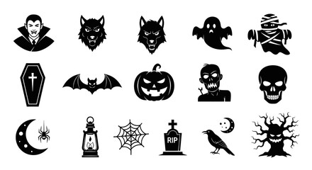 Fototapeta premium Halloween Icons Set - Black White Glyphs for Spooky Season Design