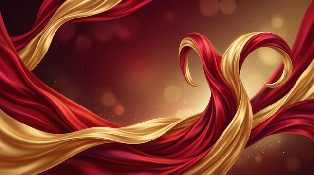 red and gold silk fabric flowing in shape of goat horns, elegant abstract satin background for 2027 lunar new year design, concept of asian culture, branding, greeting cards, retail