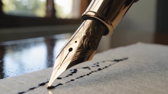 Elegant ornate gold fountain pen writing with black ink on textured parchment paper, closeup detailed cinematic shot