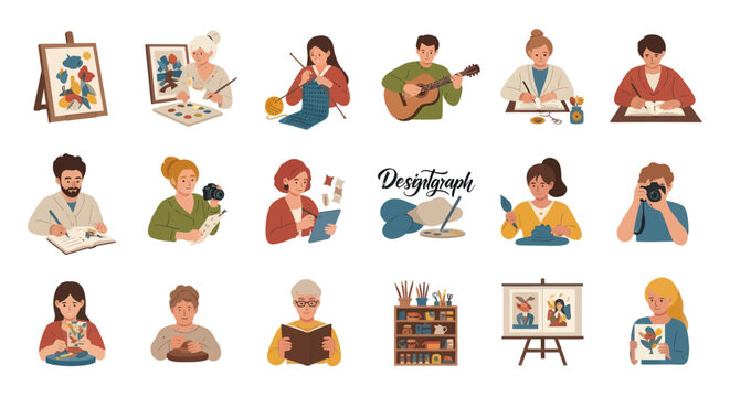 Modern Flat Design Illustrations Set of Creative Hobbies, Arts  Crafts  Leisure Activities for Lifestyle