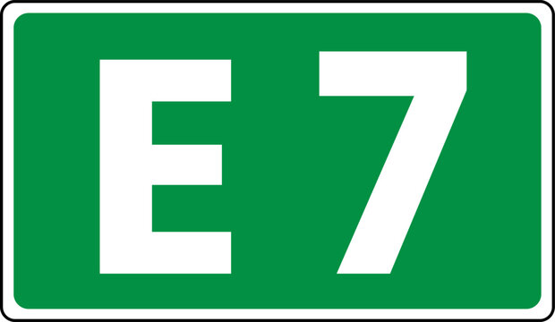 European route marker sign showing E7, Green european route E7 Sign