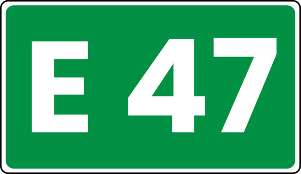 European route marker sign showing E47, Green european route E47 Sign