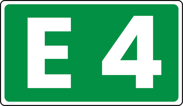 European route marker sign showing E4, Green european route E4 Sign