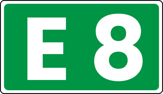 European route marker sign showing E8, Green european route E8 Sign
