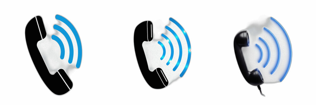 Isolated set of classic black vintage telephone receivers with blue wireless sound waves on white background, 3d customer support hotline icon collection for business telecommunication concept