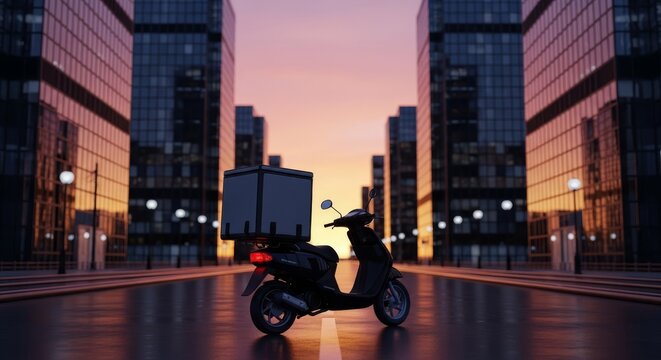 Wide angle view of a delivery scooter with a large square thermal bag on a vast metropolitan street flanked by towering glass buildings, skyscrapers, fast, buildings