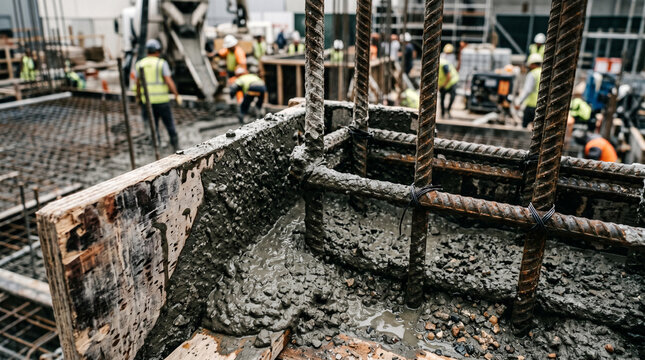 Close-up construction site with wet cement and steel reinforcement