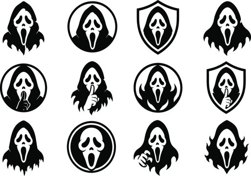 Premium collection of ghost face logo vectors featuring horror mask characters, spooky Halloween icons,