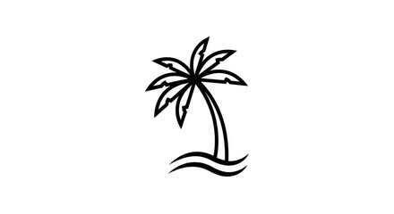 Obraz premium Nature - Black and White Palm Tree Line Art Icon with Tropical Waves Simple Outline Vector Illustration