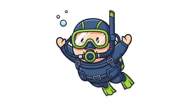 Diving - Cute Cartoon Scuba Diver Character in Navy Blue Wetsuit with Green Fins and Mask Underwater